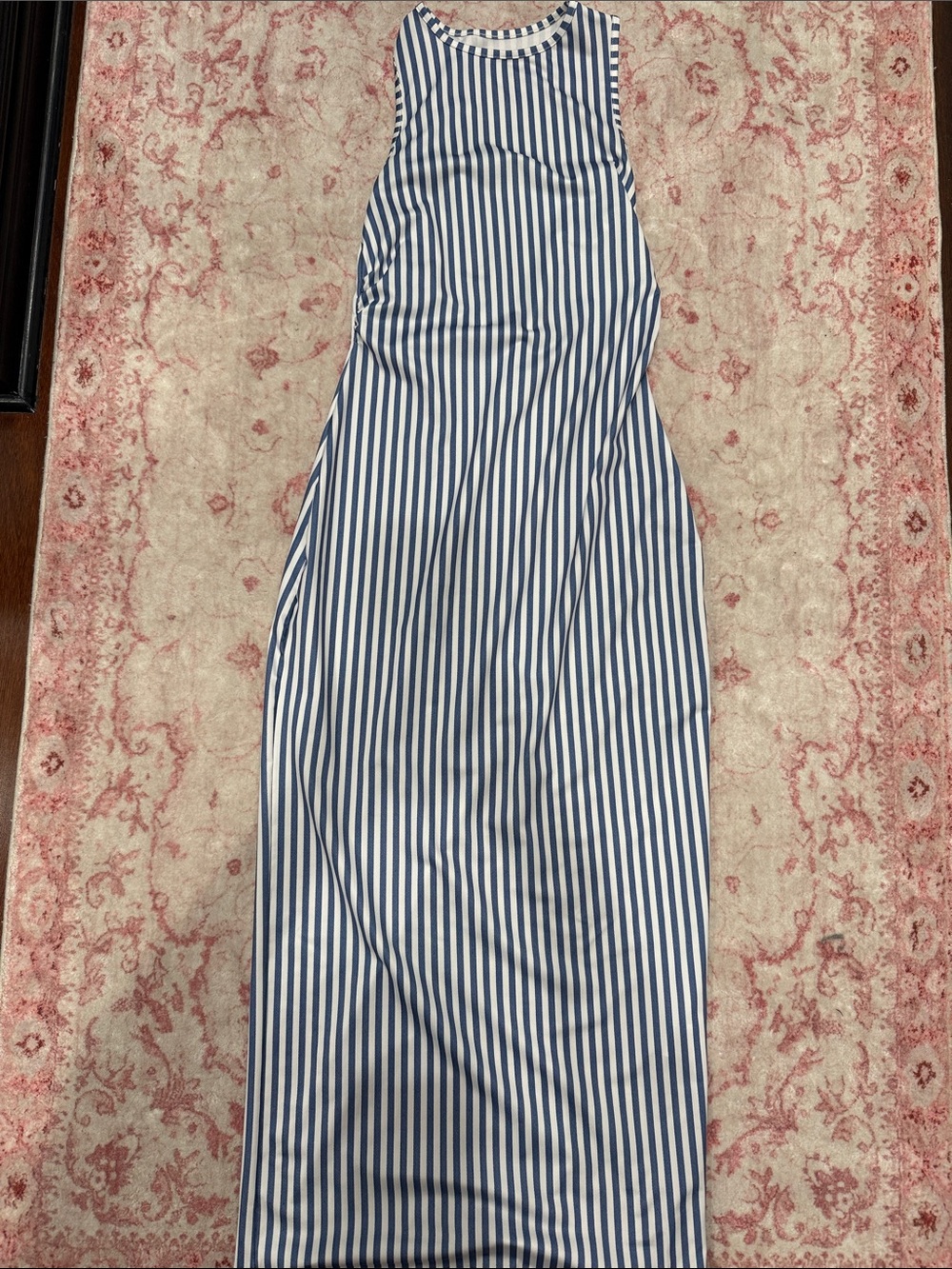 Sleeveless Navy and White Vertical Stripe Midi Dress